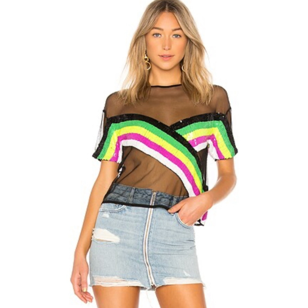 NBD Black Sheer Short Sleeve Top with Neon Stripe Sequins
